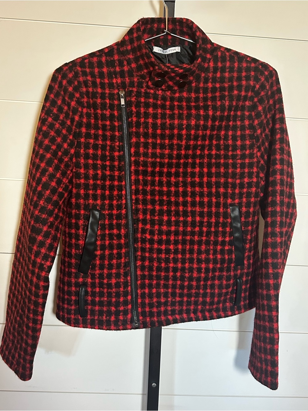 Red & Black Plaid Wool Blend Moto Jacket - Unbranded